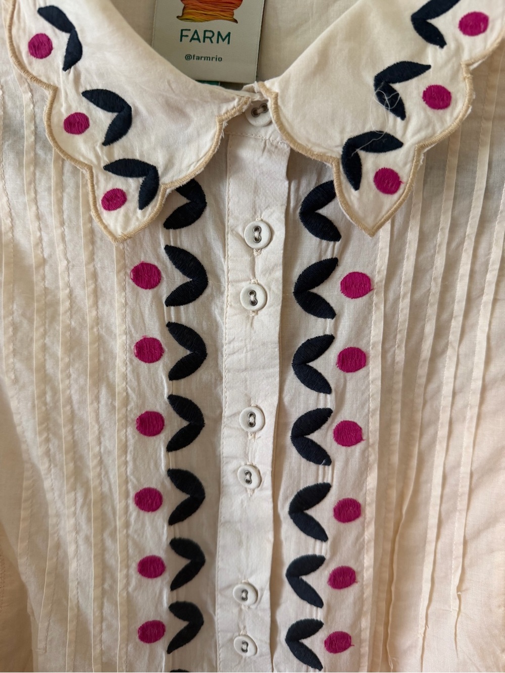 FARM Rio Cream Button-Down Blouse with Black & Pink Embroidery - Picture 4 of 10